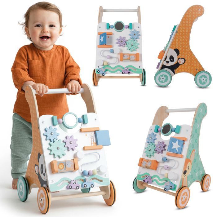 Wooden Baby Walker for Ages 12 Months and Up with Play Panel, Rotating Wheels, Maze, Mirror, and Accessories