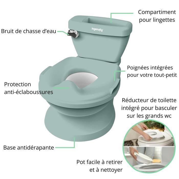 INGENUITY Mini kindertoilet met toiletbrilverkleiner, muzikale spoeling en geïntegreerde opbergruimte voor vochtige doekjes, groen