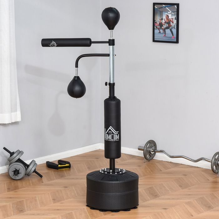 Saco de boxeo independiente - HOMCOM - Bola de boxeo 4 en 1 con barra giratoria de 360°, altura ajustable de 160 a 230 cm - Acero - Negro