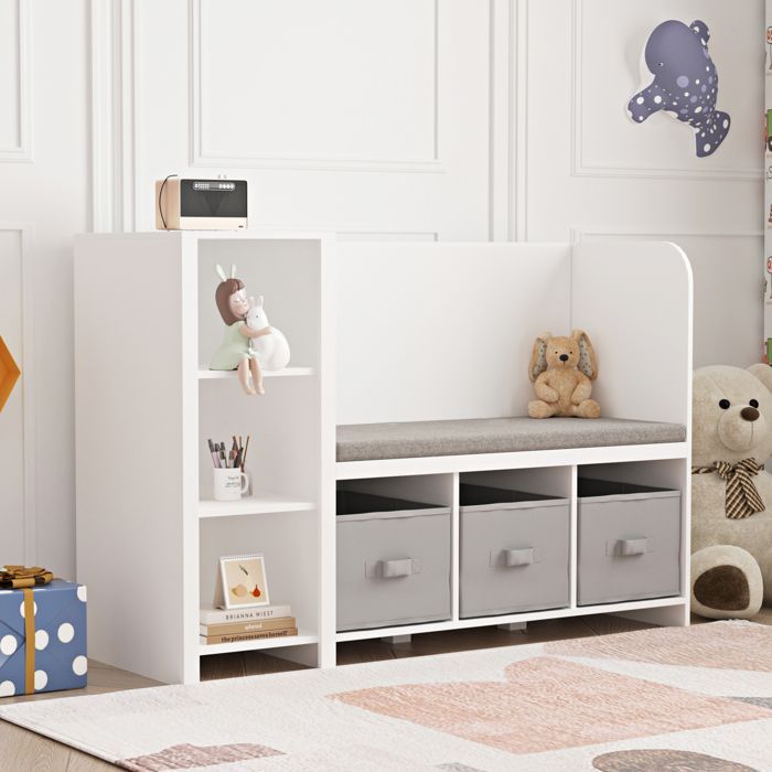 Children's shelf with bench Høylandet 76 x 112 x 40 cm white grey