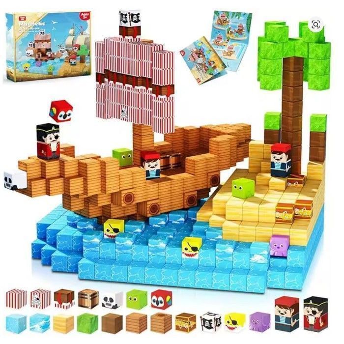 Bloques de construcción magnéticos para crear un barco pirata al estilo Minecraft - TEKPLAY - 100 piezas - Juguete para niños