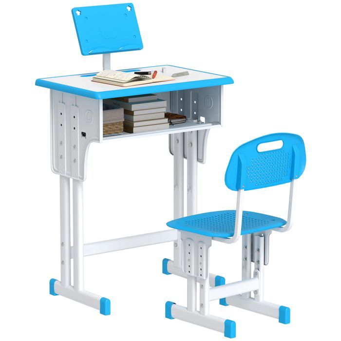 Escritorio y silla infantil HOMCOM con atril de lectura, compartimento de almacenamiento, gancho y portalápices - altura regulable - 60 x 45 x 90-102 cm