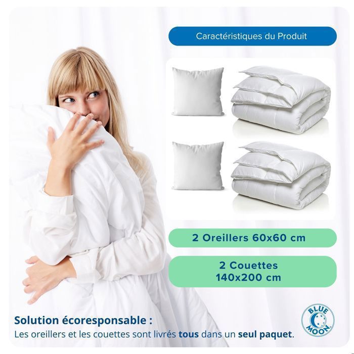 Set matrimoniale – 2 piumini 140x200 cm Blue Moon - Bianco + 2 cuscini 60x60 - Prodotto in Belgio