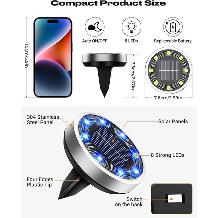 Desde 0 La luz solar Au ol 8 LED Exterior Jardín Solar Impermeable I65 Luz Solar Exterior Maceta Solar desde 0 LÁMPARA DE PISO DE JARDÍN AZUL