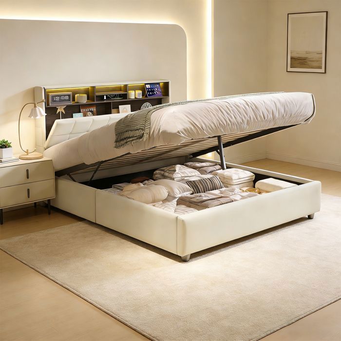 Cama doble tapizada de 160 x 200 cm, con cabecero y espacio de almacenamiento, estructura hidráulica, colchón no incluido - YubNct