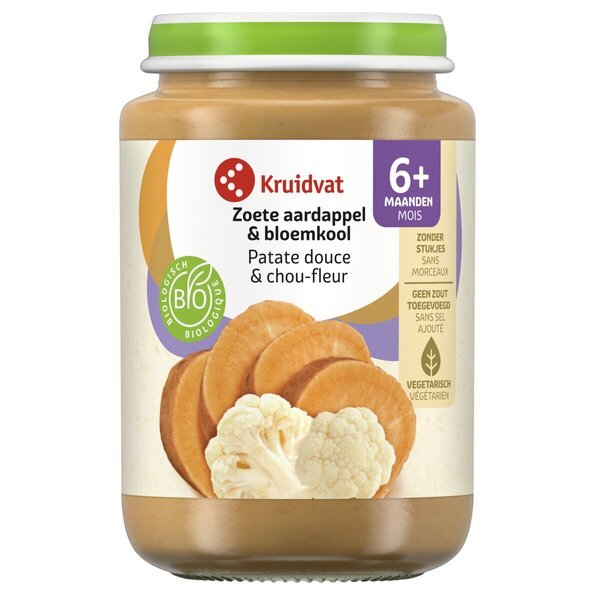 „Kruidvat“ ekologiški saldžiųjų bulvių ir žiedinių kopūstų patiekalai nuo 6 metų<br>190 g