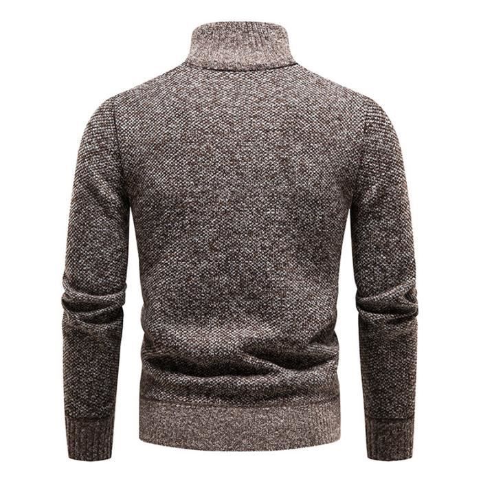 Suéter de invierno para hombre con cuello con cremallera, tejido de punto con forro polar, jersey grueso y cálido informal, color liso - Café