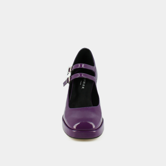 Babies à doubles brides et plateformes  en vernis plissé violet