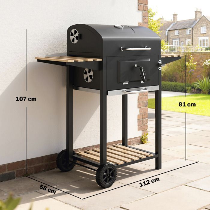 Outsunny Charcoal Barbecue - Height Adjustable - Grill, Lid, Thermometer, Shelves, Wheels, and Bottle Opener - Black