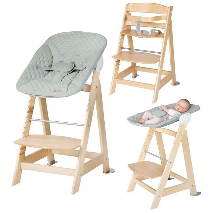 2-in-1 Convertible High Chair - ROBA - BORN UP - Includes Frosted Green 'Roba Style' Reclining Bouncer - Natural Wood