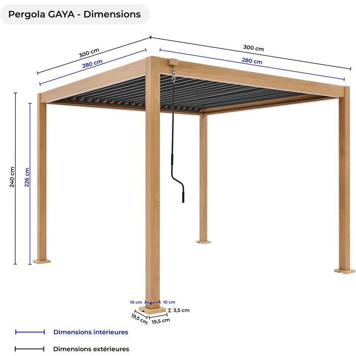 Pergola bioclimatique - GAYA - Structure en aluminium et en acier - Aspect Bois - 3 x 3 m