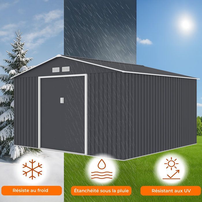 Casetta da giardino in metallo 10,85 m² - 340 x 319 x 210 cm - JUPITER - Kit di ancoraggio incluso, 2 porte scorrevoli - Grigio