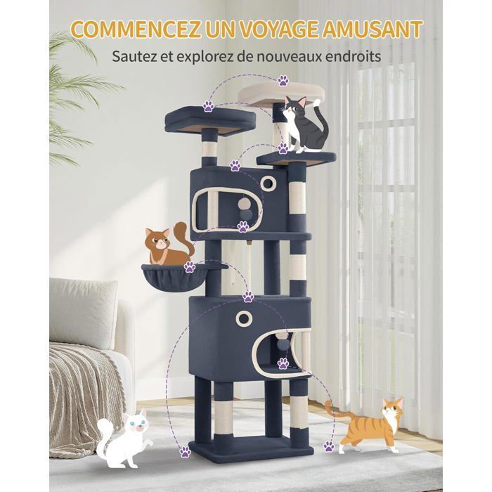 Árbol rascador para gatos, 180 cm de altura, torre de juegos con 8 postes rascadores, 3 plataformas, 2 cuevas, cesta y pompones, gris oscuro.