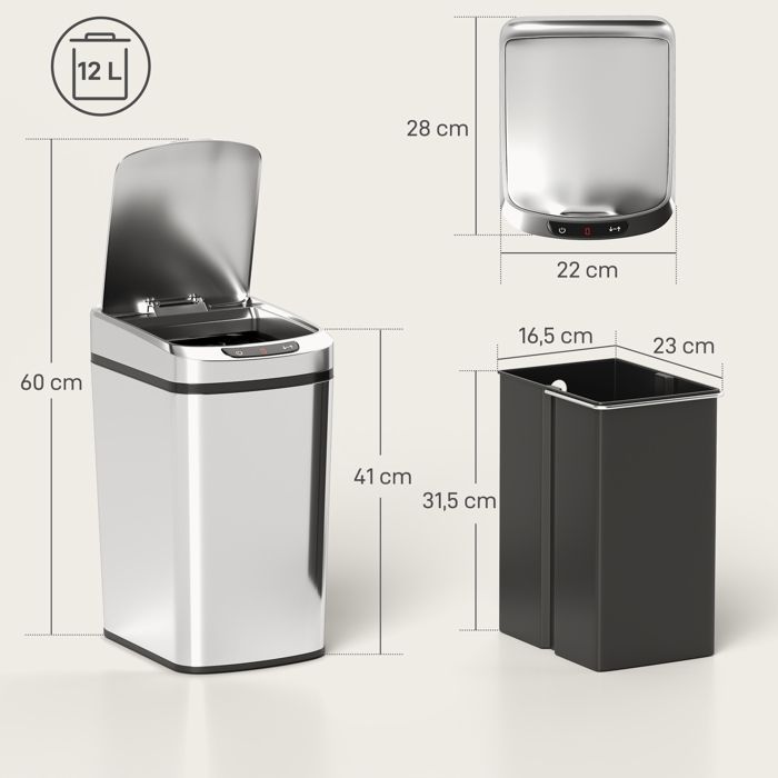 Cubo de basura automático para cocina - HOMCOM - 12 L - cubo con sensor y tapa - acero inoxidable - 28 x 22 x 41 cm - plata