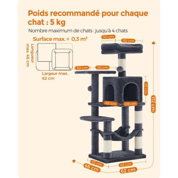 Feandrea Cat Tree, 112 cm High, with 4 Scratching Posts, 2 Platforms, 1 Hideaway, 1 Hammock, 2 Pom-poms, Multi-Level, Grey