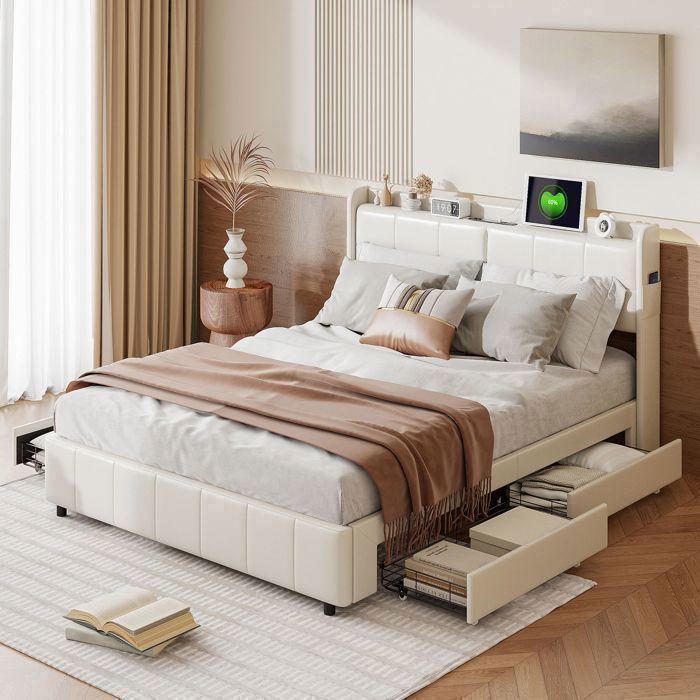 Conjunto completo de quarto adulto, base de cama 160x200 cm, cama de casal, cama com arrumação 160x200 cm, cama, porta USB, 4 gavetas, arrumação, estofado, PU, branco