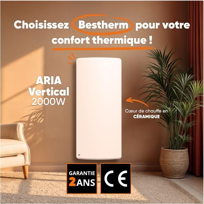Radiateur électrique fixe à inertie sèche céramique - BESTHERM - ARIA 2000W  - vertical blanc