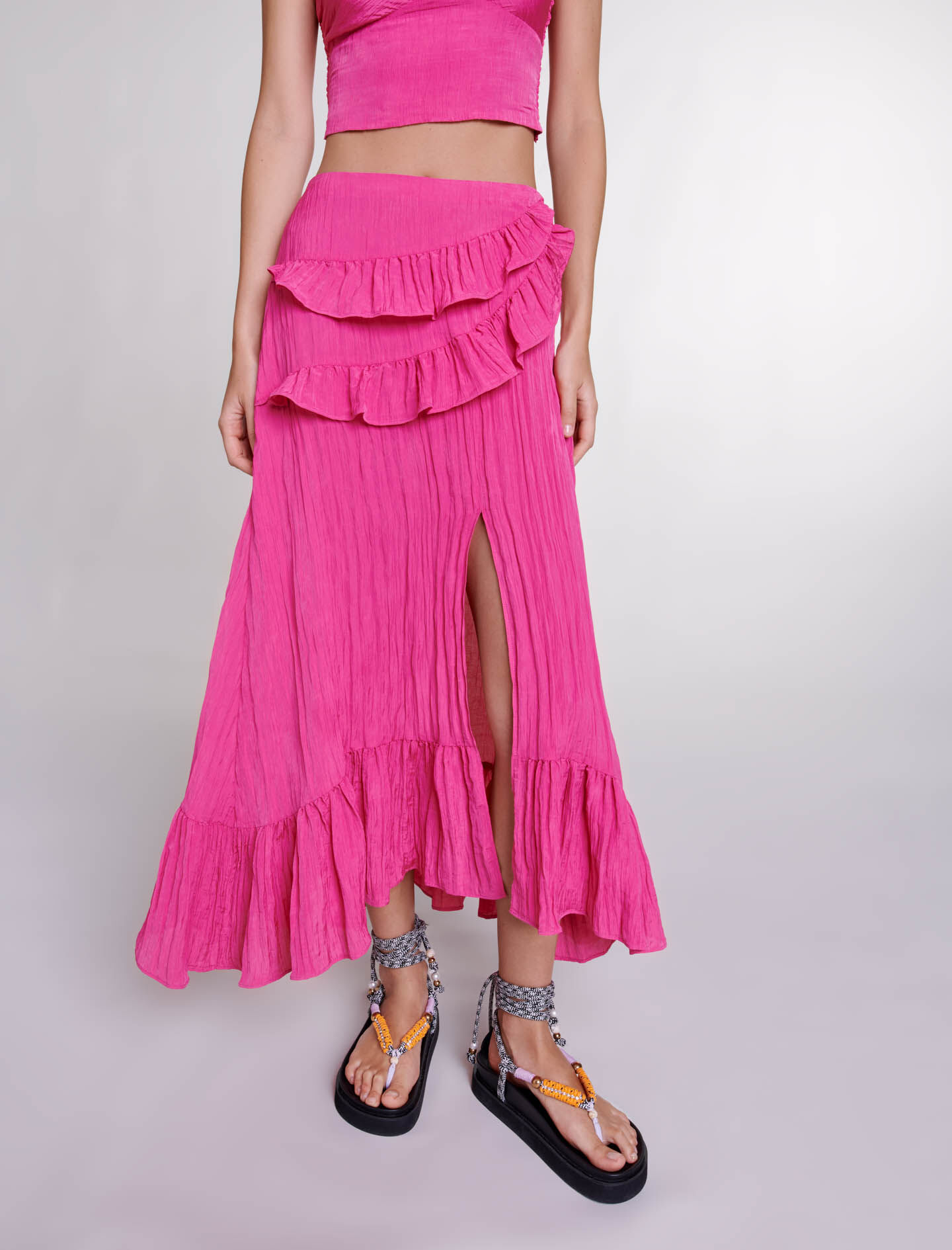 Fustă lungă din satin creț - Roz fucsia