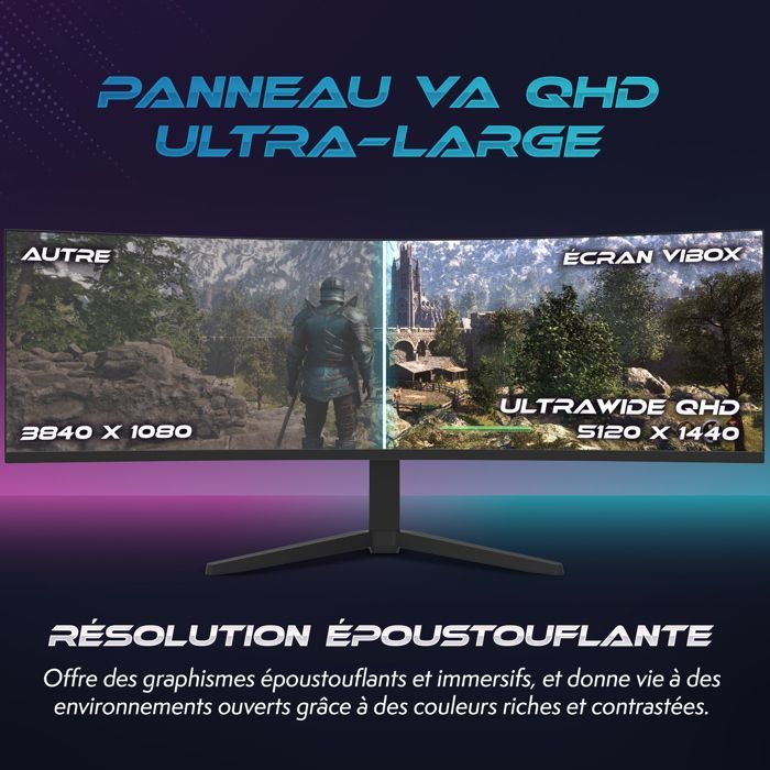 Vibox 49 Pouces 165Hz Écran Gaming Incurvé Ultra-Large  - DQHD, 1 ms, Adaptive Sync, HDMI et DisplayPort