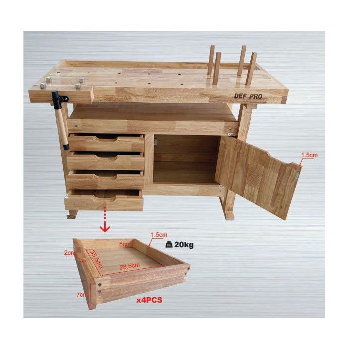 Houten werkbank van 120 cm met opbergruimte: 4 lades + 1 luik