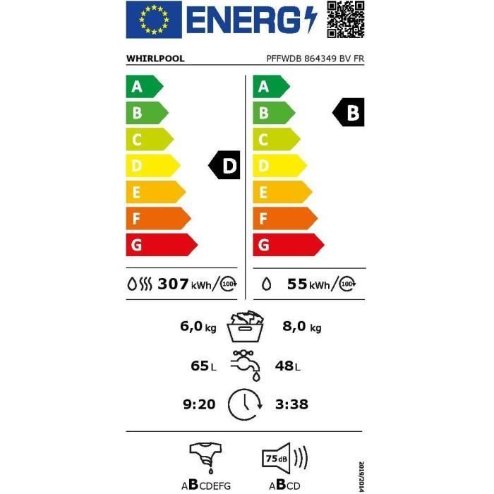 Lavadora-secadora WHIRLPOOL PFFWDB864349BVFR - 8/6 kg - Inducción - 60 cm de ancho - 1400 rpm - Blanca