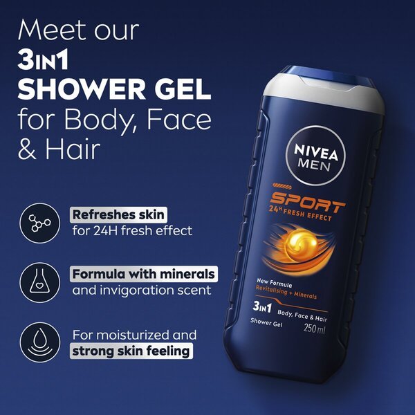 NIVEA Men Sport 24H Fresh Effect 3-v-1 gel za prhanje<br>250 ml - Normalna koža