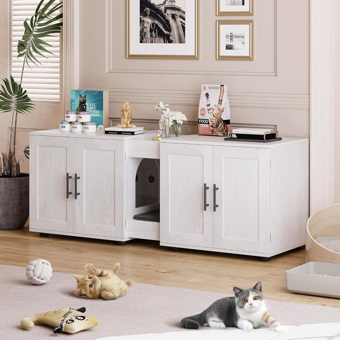 Meuble Litière pour 2 Chats, Maison de Toilette pour Chat avec Double Compartiment, Bac à Litière en Bois 140 x 45x 57 cm -Blanc