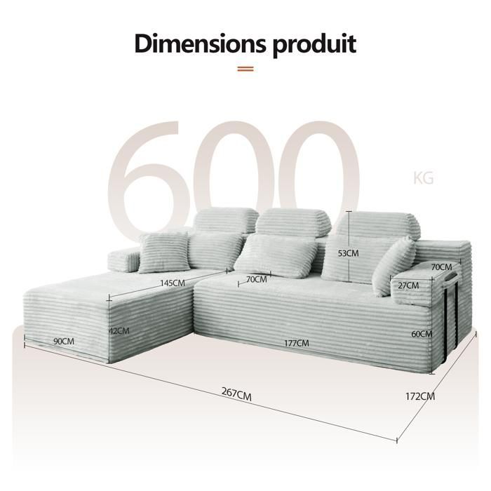 Reversible corner sofa with chaise longue, modular high-back sofa, deep seat sofa bed without assembly, grey