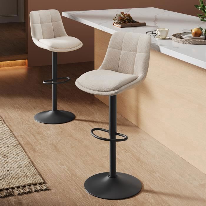 VASAGLE Tabourets de Bar, Lot de 4, Chaise de Cuisine, Siège Pivotant à Hauteur Réglable, avec Dossier et Repose-Pieds, Acier, Blanc