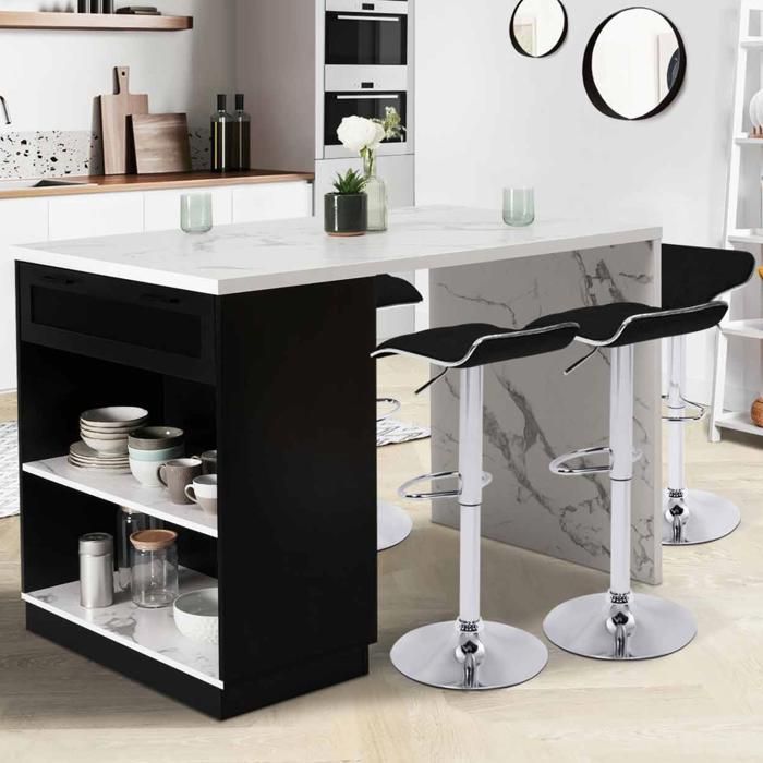 IDMARKET VITO Mesa alta tipo isla de 130 cm en color negro con efecto mármol de Alaska para 4 personas.