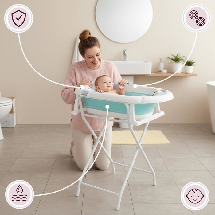 Vaschetta da bagno pieghevole per neonati - Sistema Moby - Holly - Termometro LCD - Cuscino morbido - Supporto in metallo