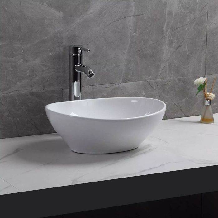 Oval white ceramic countertop washbasin, modern bathroom ceramic sink, 41x34x11cm