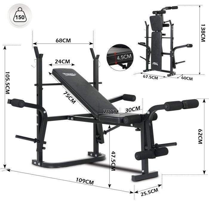 Panca pesi Novonova con supporto per bilanciere, struttura in acciaio, resistente, portata massima 150 kg.