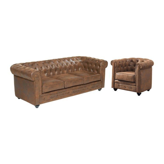 Divano e poltrona CHESTERFIELD a 3 posti in microfibra effetto pelle invecchiata