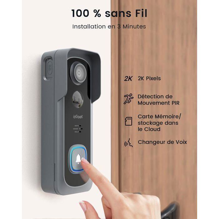 ieGeek 2K Sonnette sans Fil avec Camera  WiFi avec Support d'angle De Sonnette Réglable,  Sonnette Vidéo, PIR, Changeur De Voix
