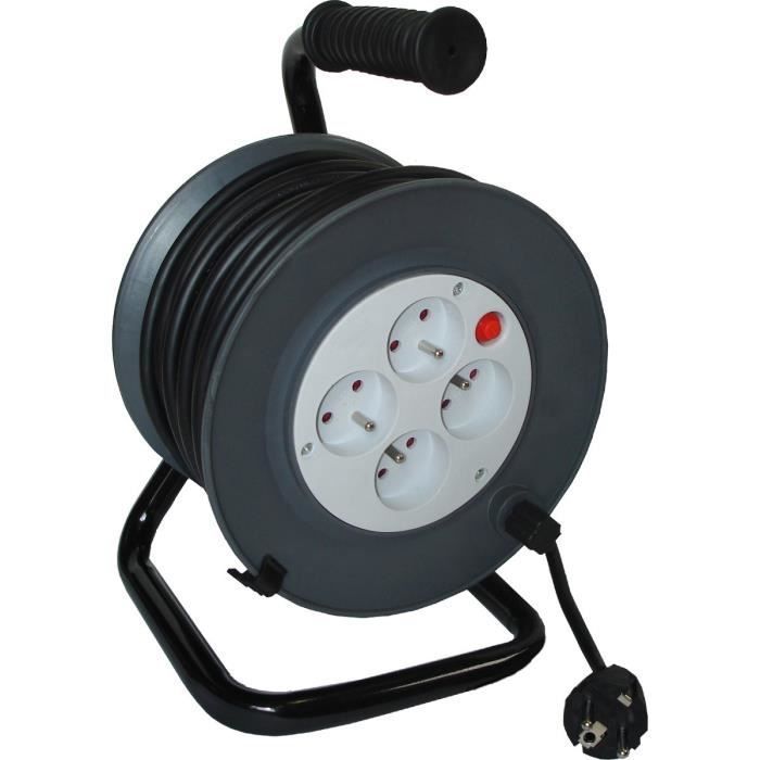 Carrete de cable ZENITECH de 15 m para bricolaje con 4 tomas de 16 A, cable de 3 x 1,5 mm² y disyuntor.