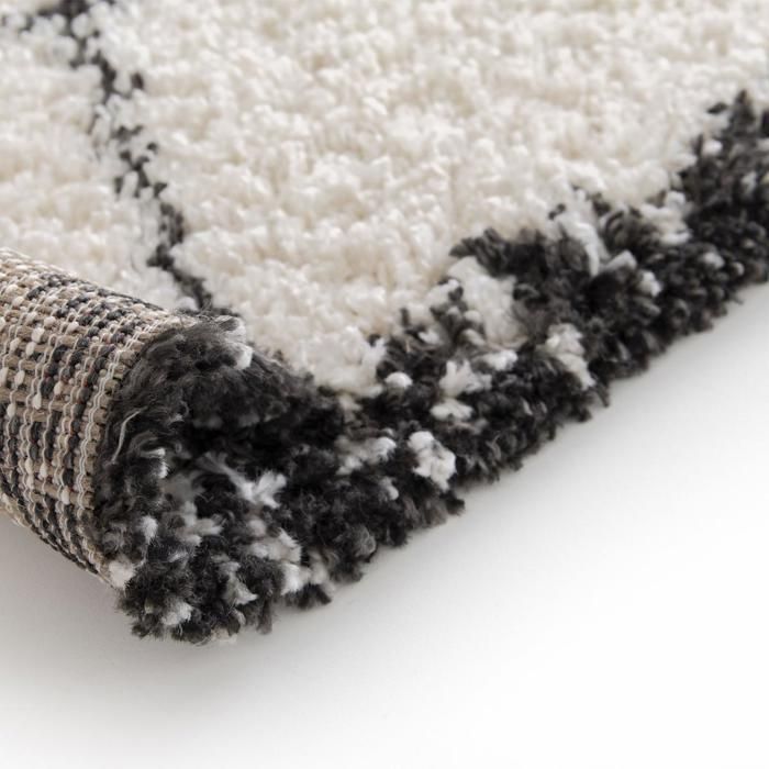 Tapis shaggy 80x150 rectangle tissé beige et noir motif berbère CROMA 10