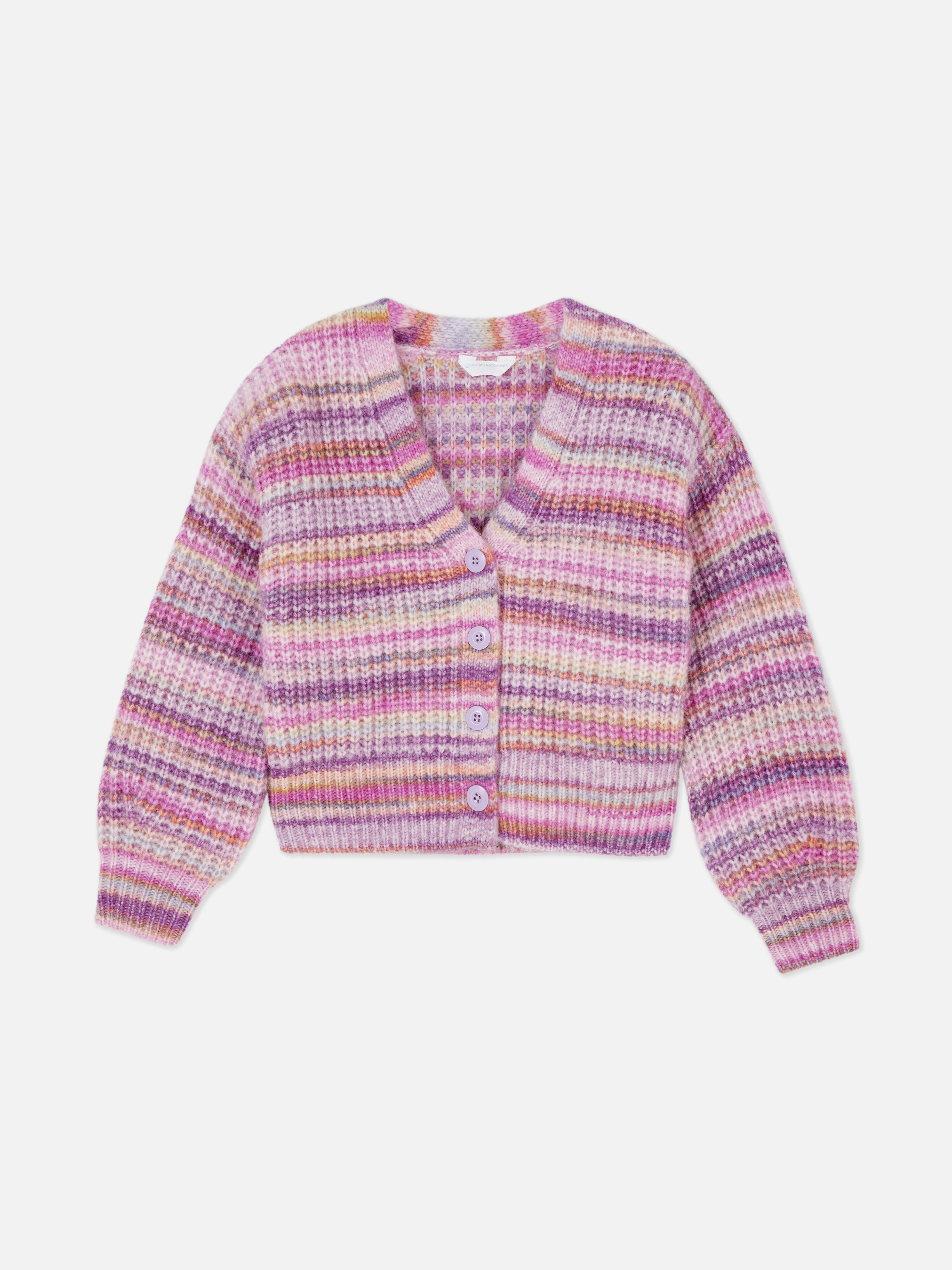 Striped and buttoned cardigan. This cardigan features a V-neck, button fastening at the front, and puff sleeves.