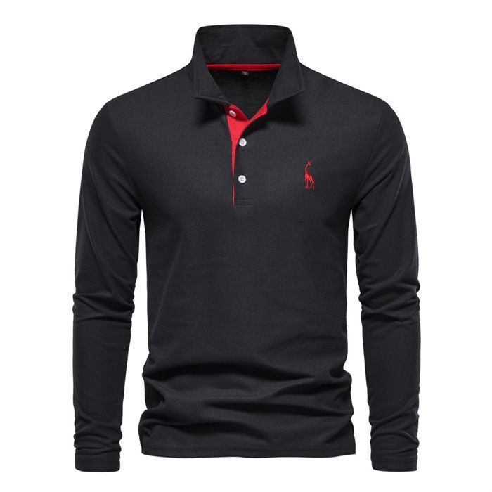 Polo da uomo a maniche lunghe con motivo ricamato autunnale - Nera