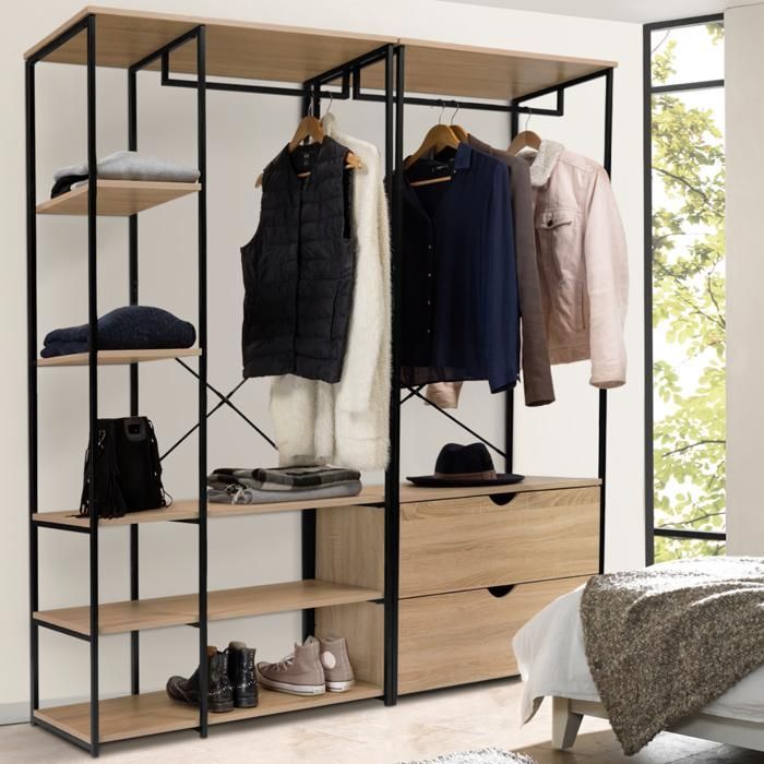 IDMARKET DETROIT modulaire dubbele kledingkast met planken en 2 lades, industrieel design