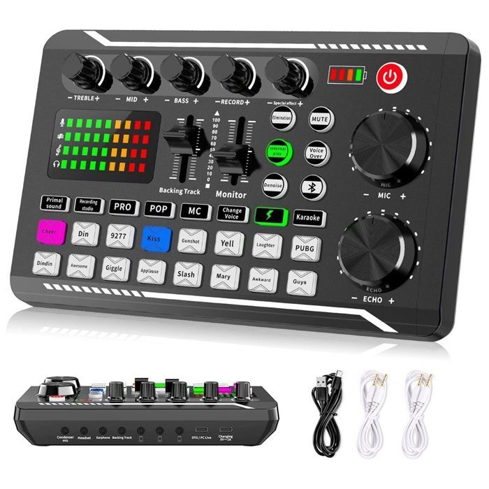 Podcast de la tarjeta de sonido en vivo F998, mezclador de audio, cambiador de voz para efectos de sonido y micrófono de karaoke.