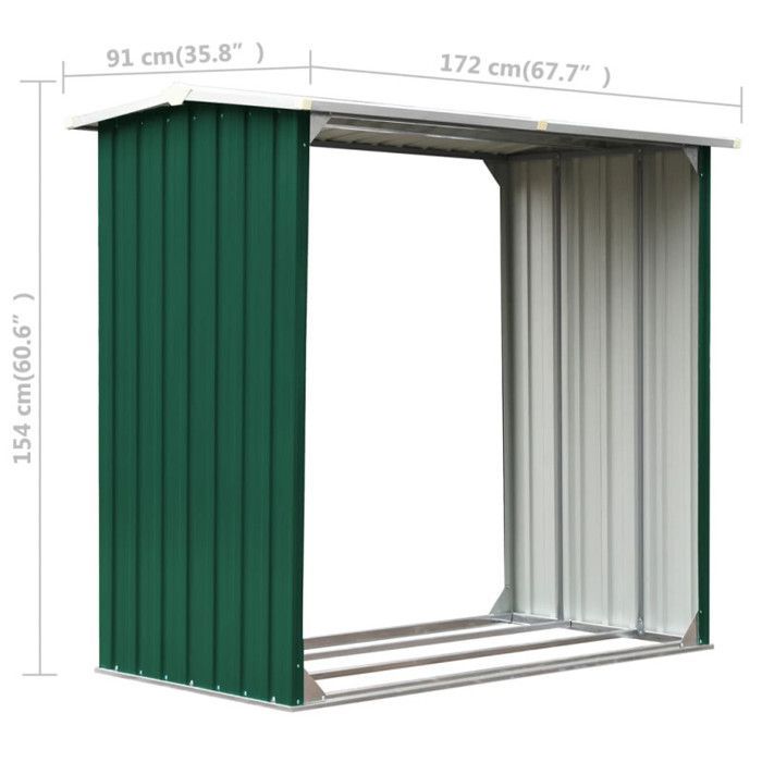 Galvanized steel wood storage shed, 172x91x154 cm, green