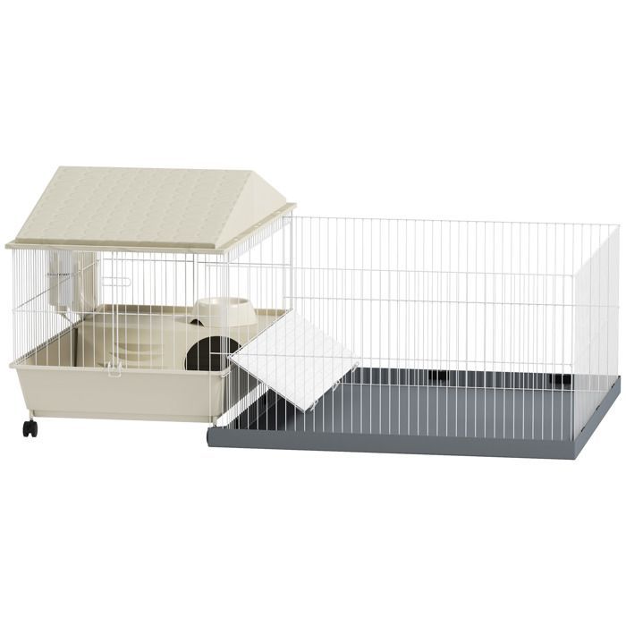 Gabbia per piccoli animali - PawHut - con recinto rimovibile, tappetino impermeabile, mangiatoia per fieno - per porcellini d'India, ricci - beige