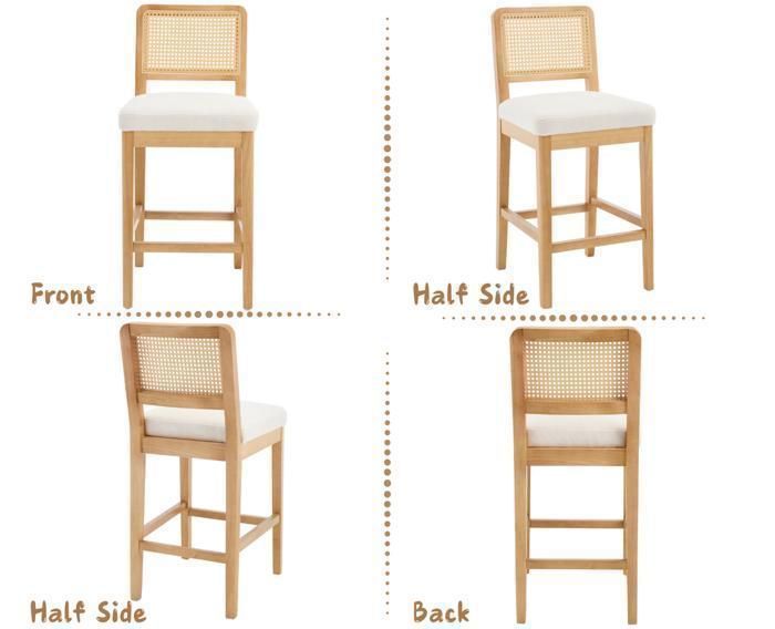 Chairus Bar Stool Set of 2 Wooden Bar Stools, Stools with Rattan Backrest, High Bar Chairs for Kitchen, Chenille, White