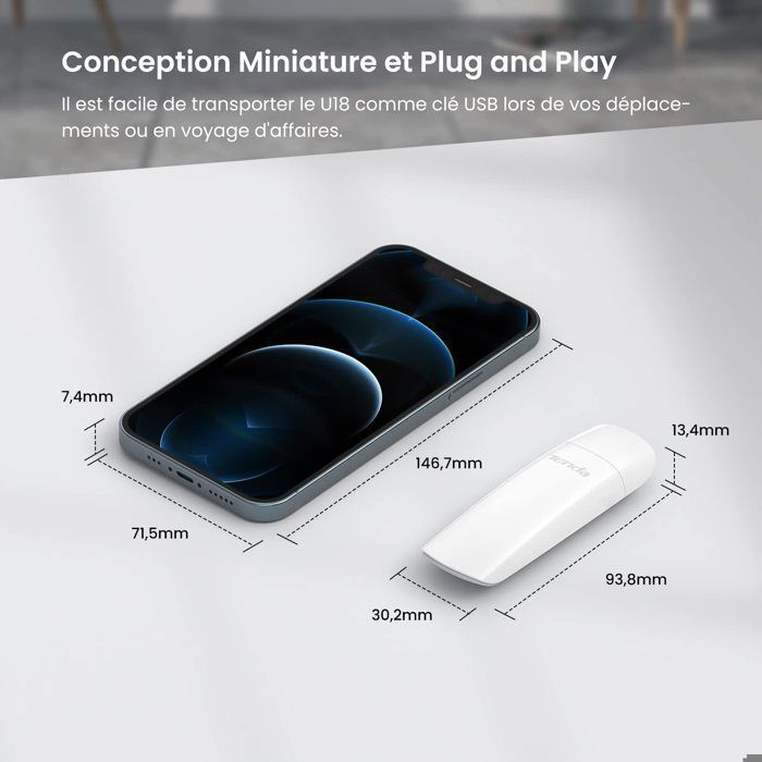 Tenda U18 Clé WiFi 6 AX1800, Adaptateur Double Bande 2,4/5GHz,USB 3.0, MU-MIMO, Compatible Windows 11/10