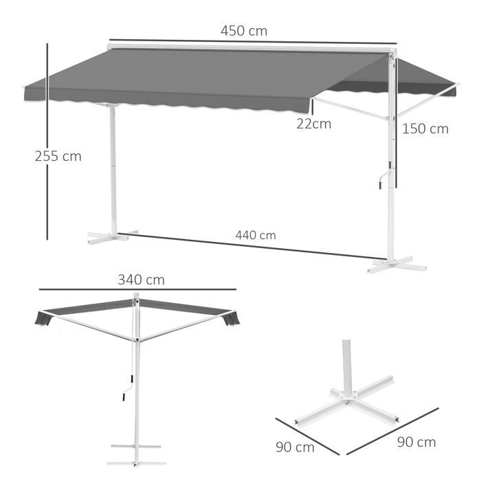 Manual retractable double-sloped awning, adjustable tilt, white epoxy-coated steel, waterproof polyester, UV-resistant, grey, dimensions