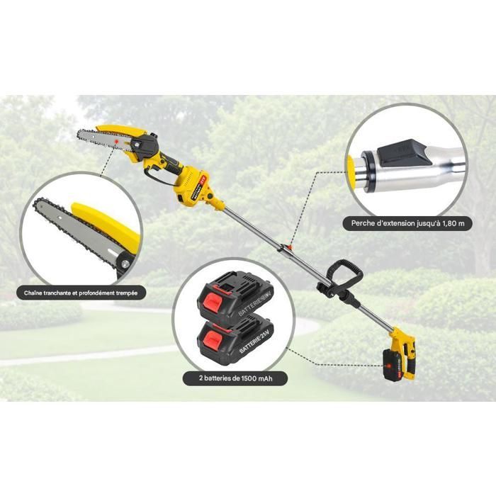 Tronçonneuse sur perche 21V lithium 2 outils en 1 scie et elagueur livree avec 2 batteries et chargeur rapide