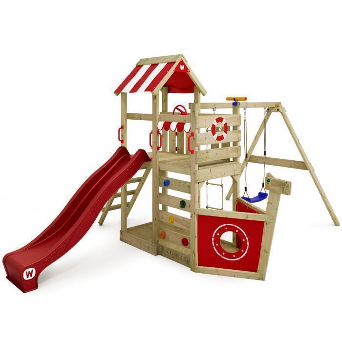 Zona de juegos de madera WICKEY SeaFlyer con forma de barco, tobogán rojo de 220 cm, columpio y arenero – 10 años de garantía*