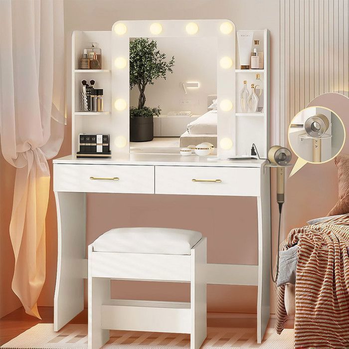 Dressing Table with LED Mirror and Stool - NHHF - 85x40x140 CM - 3 Lighting Modes - 2 Sockets and 2 USB Ports - 2 Drawers - 4 Shelves