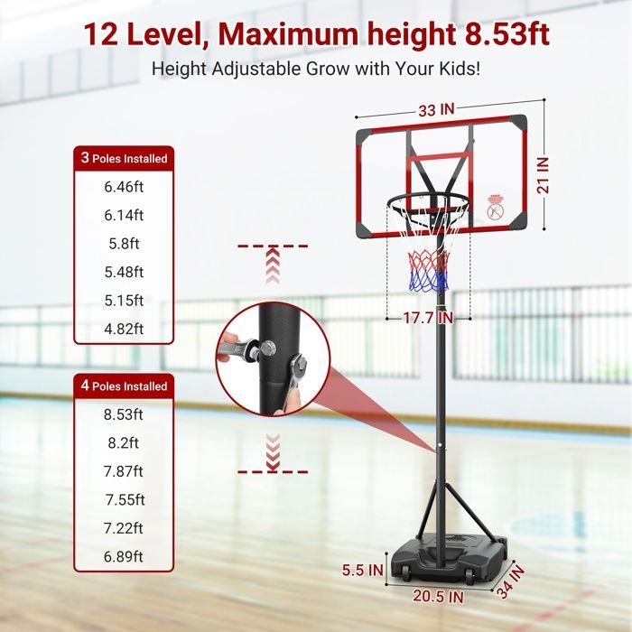 Basketball Hoop - NECHE - Adjustable Height 147-260CM - On Wheels - Red